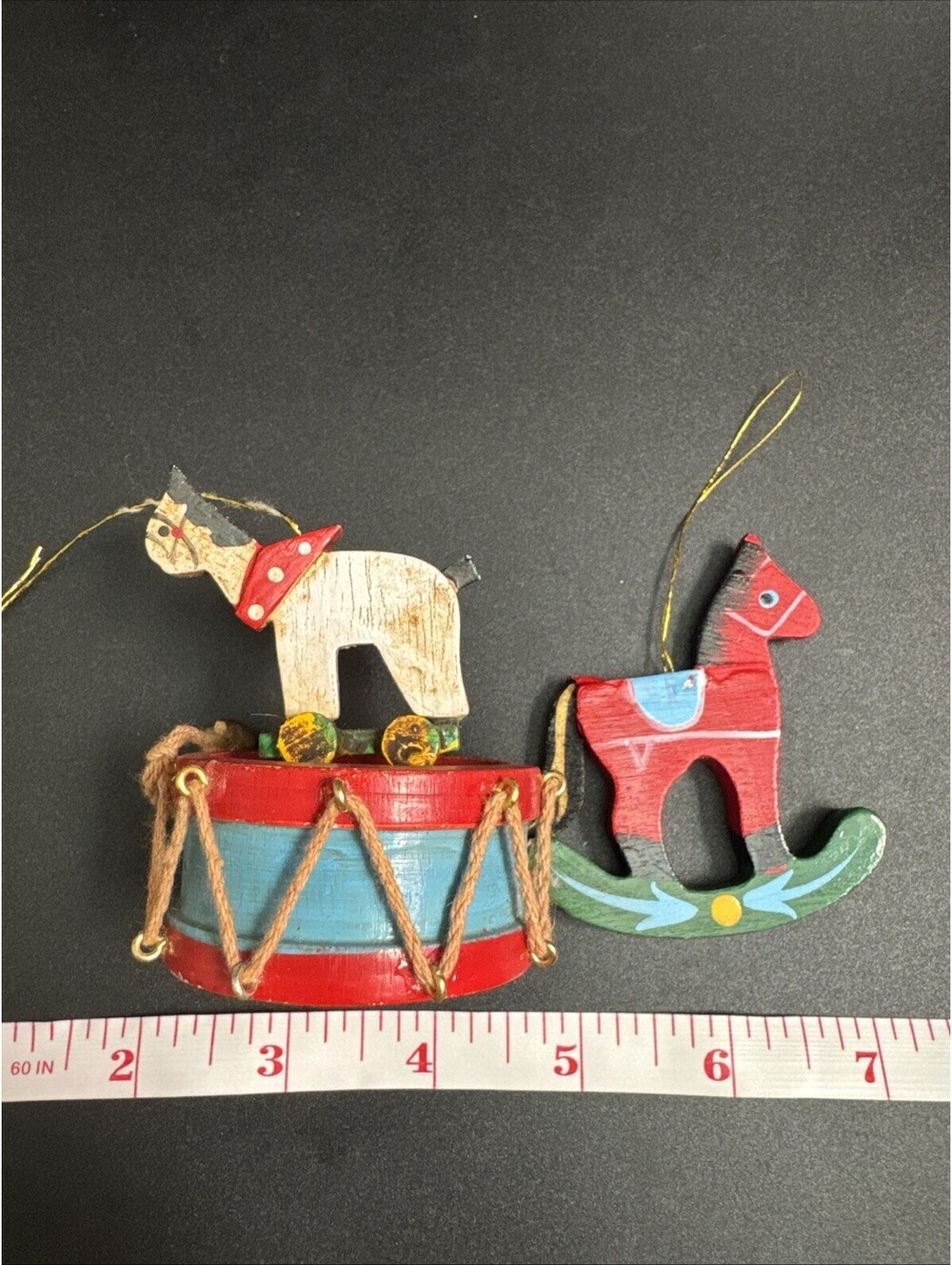 Set Of (2) Vintage Wooden Ornaments - Rocking Horse Drum